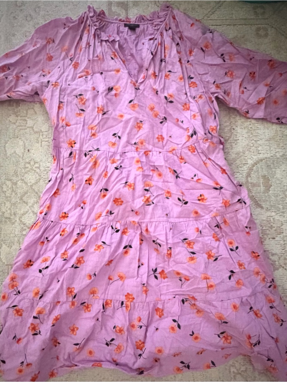 Ann Taylor Lavender Pink Floral Tiered V-Neck Dress
